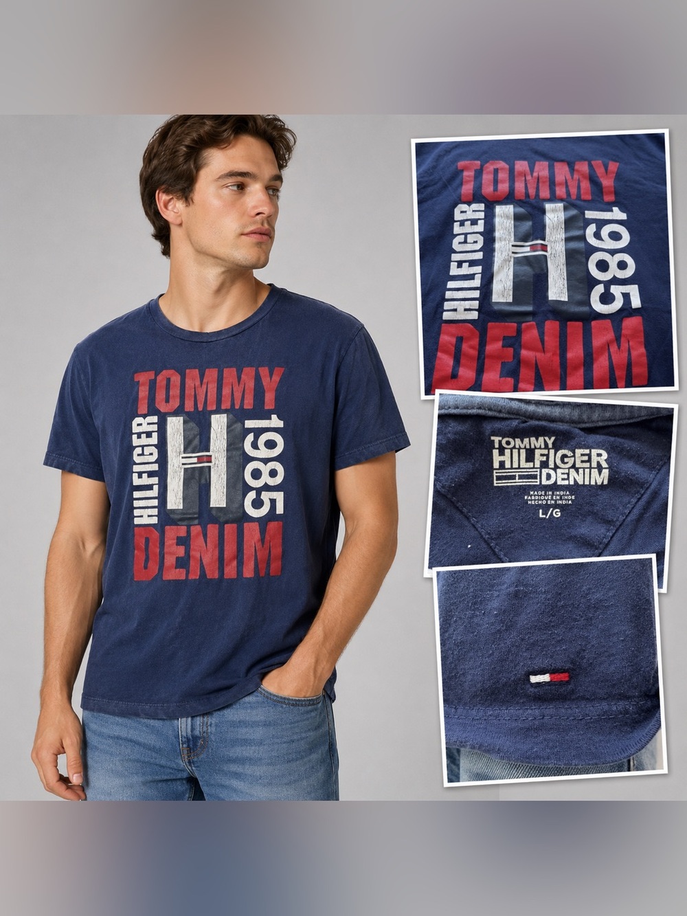 Tommy Hilfiger Navy Red & White Logo Men’s L Distressed Logo Graphic Tee 1985
